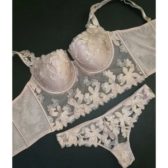 Victoria's Secret longline 36C BRA SET+BRALETTE+ROBE dusty pink taupe APPLIQUE - Picture 8 of 11